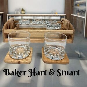Baker Hart & Stuart Bar Accessories 13 Piece Solid Oak Coaster Tray & Glasses